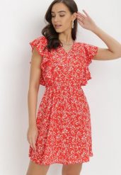 Czerwona Sukienka Astepheme. Czerwone sukienki Born2be, l, w ażurowe wzory, bez kołnierzyka, bez ramiączek, mini. Za 29.99 zł.