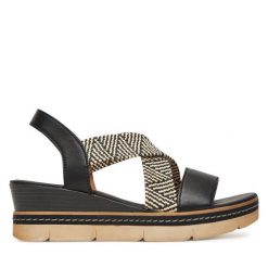 Sandały Remonte. Czarne sandały Remonte, bez wzorów, bez obcasa, na koturnie, bez zapięcia. Za 349.99 zł.