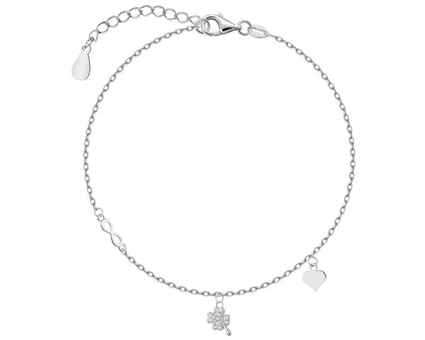 Bransoletka srebrna z cyrkoniami - koniczyna, serce, nieskończoność. Szare bransoletki Apart, z cyrkonią, srebrne. Za 119.00 zł.