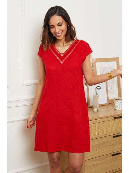 Le Monde du Lin Lniana sukienka w kolorze czerwonym rozmiar: 36/38. Czerwone sukienki Le Monde du Lin, na co dzień, bez wzorów, ze lnu, klasyczne, bez kołnierzyka, bez ramiączek, mini, proste. Za 131.43 zł.