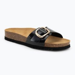 Klapki damskie Scholl Kathleen Printed Leather. Czarne klapki Scholl, bez wzorów, z materiału, bez obcasa. Za 219.99 zł.