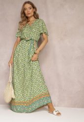 Zielona Sukienka Maxi z Paskiem i Gumką w Talii w Ornamentalny Wzór Calvim. Zielone sukienki Renee, l, bez wzorów, bez kołnierzyka, bez ramiączek, maxi. Za 69.99 zł.