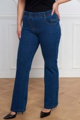 Jeansowe spodnie dzwony Julita z wysokim stanem PLUS SIZE XXL. Spódnice Nasi partnerzy, do pracy, plus size, bez wzorów, z bawełny, biznesowe, plus size, mini, dla puszystych. Za 199.90 zł.