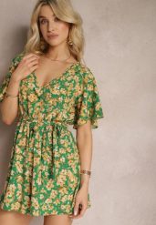 Zielono-Żółty Kombinezon w Kwiaty z Krótkim Rękawem z Gumką w Talii i Paskiem Biacelia. Zielone sukienki Renee, na co dzień, l, bez wzorów, eleganckie, bez kołnierzyka, bez ramiączek, mini, proste. Za 39.99 zł.