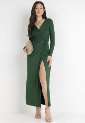 Ciemnozielona Sukienka Mellona. Zielone sukienki Born2be, l, bez wzorów, z dzianiny, eleganckie, bez kołnierzyka, bez ramiączek, maxi, kopertowe. Za 119.99 zł.