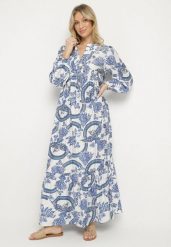 Niebieska Sukienka z Wiskozą o Rozkloszowanym Kroju z Wiązaniem w Roślinny Wzór Korivona. Niebieskie sukienki Born2be, na co dzień, l, bez wzorów, z wiskozy, eleganckie, bez kołnierzyka, bez ramiączek, maxi, rozkloszowane. Za 139.99 zł.