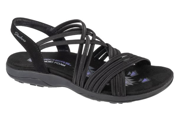 Sandały SKECHERS REGGAE SLIM - SUNNYSIDE Czarny. Czarne sandały Skechers, bez wzorów, z materiału, bez obcasa, bez zapięcia. Za 233.99 zł.