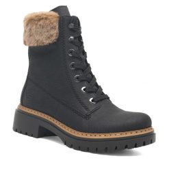 Botki Rieker. Czarne botki Rieker, bez wzorów, bez obcasa, na płaskiej podeszwie, bez zapięcia. Za 229.99 zł.