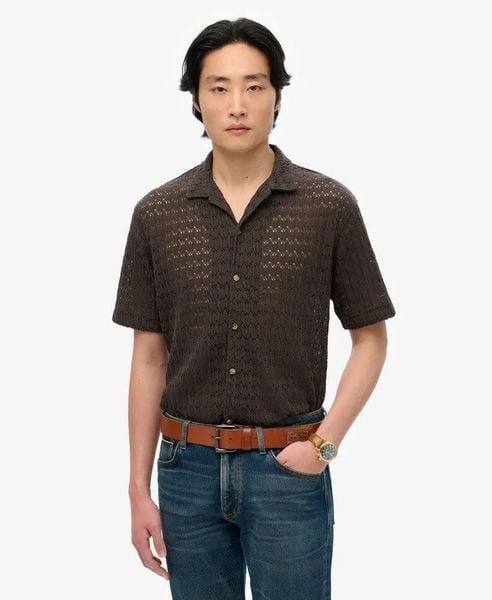 Superdry Koszula Knitted Texture w czarnym szydełkowym wzorze. Czarne koszule Superdry, l, bez wzorów, z bawełny, klasyczne, bez kołnierzyka, bez ramiączek. Za 234.00 zł.