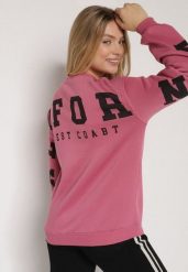 Różowa Ocieplana Bluza z Bawełną i Napisem z Tyłu Fezanda. Czerwone bluzy Born2be, l, bez wzorów, z bawełny, bez kaptura. Za 69.99 zł.