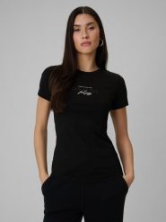 4F T-shirt slim z nadrukiem damski - czarny L. Czarne t-shirty 4f, l, bez wzorów, z jeansu, bez kołnierzyka, bez ramiączek. Za 49.99 zł.