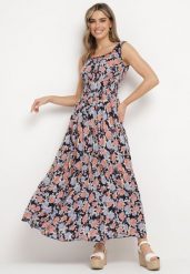 Granatowa Rozkloszowana Sukienka Bawełniana w Kwiatowy Print z Guzikami Jamallia. Niebieskie sukienki Born2be, na lato, s, bez wzorów, z bawełny, bez kołnierzyka, bez ramiączek, maxi, rozkloszowane. Za 74.99 zł.