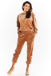 Welurowa Bluza z Logowaną Taśmą - Beżowa. Brązowe bluzy Awama, l, bez wzorów, z materiału, bez kaptura. Za 209.90 zł.