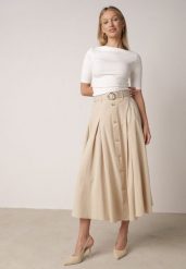Beżowa Spódnica Rozkloszowana z Bawełną i Paskiem oraz Kieszniami Jorlea. Brązowe spódnice Born2be, na co dzień, na lato, l, bez wzorów, z bawełny, boho, midi, koszulowe. Za 129.99 zł.