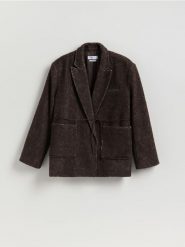 Marynarka z wełną - ciemnobrązowy. Brązowe marynarki i żakiety Reserved, l, bez wzorów, z tkaniny. Za 359.99 zł.