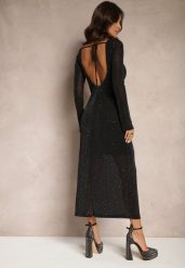 Czarna Dopasowana Sukienka Siateczkowa z Brokatem Wiązaniem na Szyi i Odkrytymi Plecami Nomiola. Czarne sukienki Renee, m, bez wzorów, eleganckie, bez kołnierzyka, bez ramiączek, maxi, dopasowane. Za 149.99 zł.