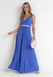 Niebieska Sukienka Rozkloszowana Maxi z Paskiem w Cyrkonie i Wycięciem Neorise. Niebieskie sukienki Born2be, z aplikacjami, z materiału, bez kołnierzyka, bez ramiączek, maxi, rozkloszowane. Za 119.99 zł.