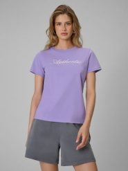 4F T-shirt regular z nadrukiem damski - fioletowy S. Fioletowe t-shirty 4f, s, bez wzorów, z bawełny, bez kołnierzyka, bez ramiączek. Za 59.99 zł.