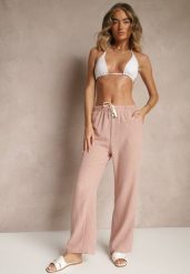Różowe Spodnie High Waist z Szeroką Nogawką i Gumką w Pasie Mirarena. Czerwone spodnie materiałowe Renee, do pracy, l, bez wzorów, z jeansu, z podwyższonym stanem. Za 39.99 zł.