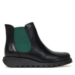 Sztyblety Fly London. Czarne botki Fly London, bez wzorów, bez obcasa, na płaskiej podeszwie, bez zapięcia. Za 619.99 zł.