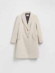 Płaszcz z dodatkiem wełny - złamana biel. Płaszcze Reserved, l, bez wzorów, z tkaniny, bez kaptura. Za 259.99 zł.