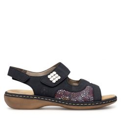 Sandały Rieker. Niebieskie sandały Rieker, bez wzorów, bez obcasa, na płaskiej podeszwie, bez zapięcia. Za 299.99 zł.
