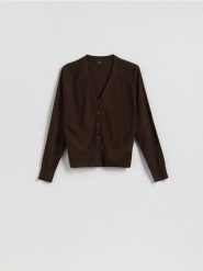 Kardigan z wełną - ciemnobrązowy. Brązowe kardigany Reserved, l, bez wzorów, z dzianiny. Za 159.99 zł.