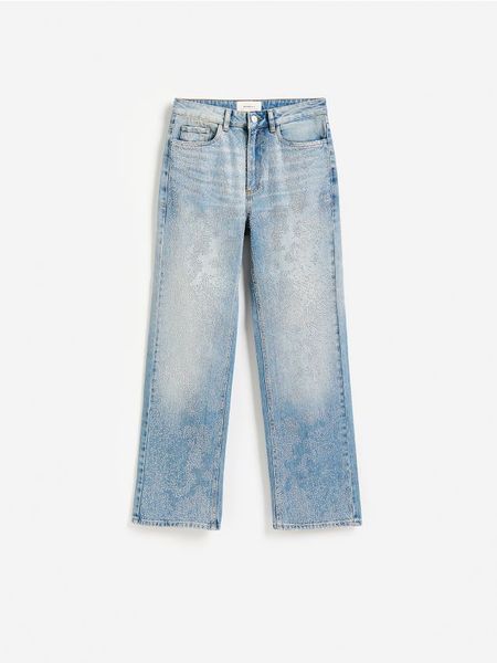 Jeansy straight ze strassem - niebieski. Niebieskie jeansy Reserved, l, bez wzorów. Za 279.99 zł.