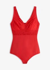 Body o średnim stopniu modelowania z koronką w serduszka. Czerwone body bonprix, bez wzorów, z koronki. Za 129.99 zł.