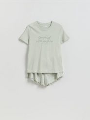 Bawełniana piżama dwuczęściowa - jasnozielony. Zielone piżamy Reserved, bez wzorów, z bawełny, bez ramiączek. Za 79.99 zł.