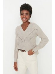 Trendyol Sweter w kolorze beżowym rozmiar: S. Brązowe swetry Trendyol, s, bez wzorów, ze splotem, bez ramiączek. Za 69.95 zł.