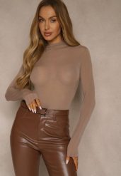 Brązowa Wiskozowa Bluzka Longsleeve Golf z Kaszmirem Vidara. Brązowe bluzki Renee, s, bez wzorów, z jeansu, bez ramiączek. Za 79.99 zł.