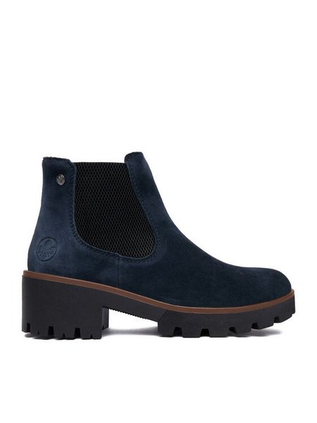 Rieker Botki CEO-79265-14 Granatowy. Niebieskie botki Rieker, bez wzorów, ze skóry, bez obcasa, na słupku, bez zapięcia. Za 399.99 zł.