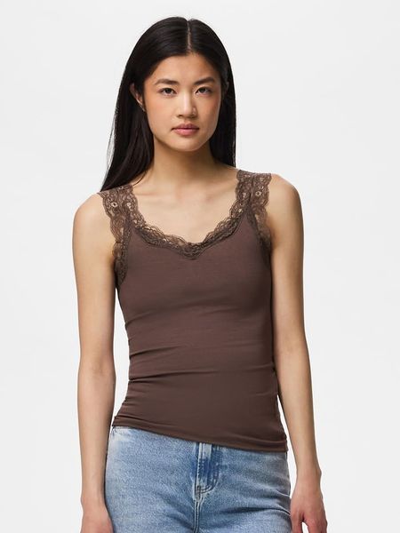 Pieces Top w kolorze brązowym rozmiar: XS. Brązowe topy Pieces, s, bez wzorów, z koronki, bez kołnierzyka, bez ramiączek. Za 35.76 zł.