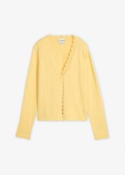 Sweter rozpinany z domieszką jedwabiu. Żółte kardigany bonprix, bez wzorów. Za 99.99 zł.