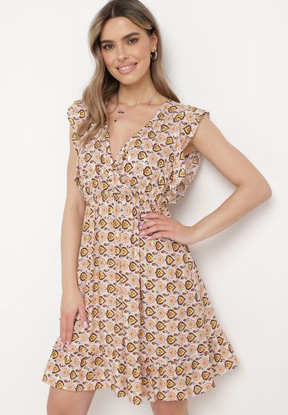 Brązowo-Beżowa Sukienka Mini z Wiskozy w Mozaikowy Wzór z Gumką w Pasie Lariaa. Brązowe sukienki Born2be, na co dzień, m, bez wzorów, z wiskozy, eleganckie, bez kołnierzyka, bez ramiączek, mini, rozkloszowane. Za 69.99 zł.