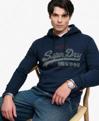 Superdry Bluza z kapturem Vintage Logo Heritage Relaxed Deep Sea Blue Marl. Niebieskie bluzy Superdry, m, bez wzorów, z materiału, z kapturem. Za 402.90 zł.