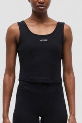 GUESS Czarny damski tank top Circe, Rozmiar L. Czarne topy Guess, l, z aplikacjami, z materiału, bez kołnierzyka, bez ramiączek. W wyprzedaży za 179.99 zł.