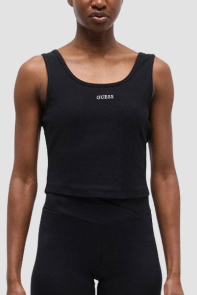 GUESS Czarny damski tank top Circe, Rozmiar L. Czarne topy Guess, l, z aplikacjami, z materiału, bez kołnierzyka, bez ramiączek. W wyprzedaży za 149.99 zł.
