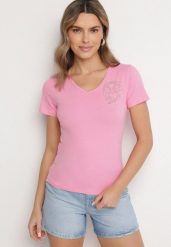 Różowy T-shirt z Bawełny z Cyrkoniowym Wzorem Uliavira. Czerwone t-shirty Born2be, l, z aplikacjami, z bawełny, bez kołnierzyka, bez ramiączek. Za 34.99 zł.