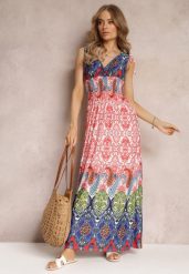 Czerwono-Granatowa Sukienka Maxi w Stylu Boho z Gumką w Pasie Bernette. Czerwone sukienki Renee, l, bez wzorów, boho, bez kołnierzyka, bez ramiączek, maxi. Za 59.99 zł.