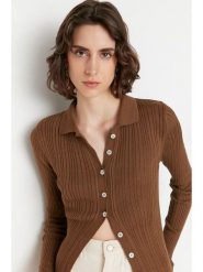 Trendyol Kardigan w kolorze jasnobrązowym rozmiar: S. Brązowe kardigany Trendyol, s, bez wzorów, prążkowane. Za 60.99 zł.