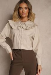 Beżowa Koszula z Bawełny w Stylu Retro z Wiązaniem i Kołnierzykiem z Falbankami Firsela. Brązowe koszule Renee, z aplikacjami, z bawełny, klasyczne, bez kołnierzyka, bez ramiączek. Za 79.99 zł.