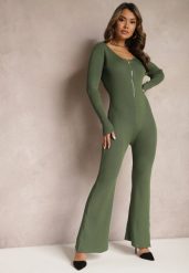 Zielony Kombinezon Bodycon z Prążkowanej Wiskozy ze Spodniami Typu Dzwony i Suwakiem Lavirna. Zielone sukienki Renee, uniwersalny, bez wzorów, prążkowane, eleganckie, bez kołnierzyka, bez ramiączek, bodycon. Za 109.99 zł.