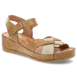 Sandały damskie Wasak, skórzane na platformie z odkrytą piętą na rzep z miękkimi wkładkami, rude złote, 473. Brązowe sandały Wasak, bez wzorów, ze skóry, bez obcasa, na platformie, bez zapięcia. Za 219.00 zł.