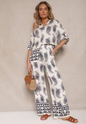 Biało-Granatowy Komplet z Wiskozy Zdobiony Printem Paisley Koszula i Spodnie Zolleva. Niebieskie koszule Renee, l, z aplikacjami, z wiskozy, eleganckie, bez kołnierzyka, bez ramiączek. Za 79.99 zł.
