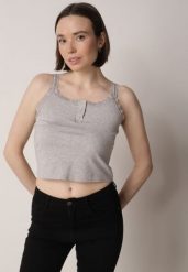 Szary Top z Bawełny Ozdobiony Guzikami i Koronką przy Dekolcie Beralie. Szare topy Born2be, m, bez wzorów, z bawełny, bez kołnierzyka, bez ramiączek. Za 39.99 zł.