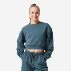 Bluza fitness damska Domyos crop. Niebieskie bluzy DOMYOS, l, bez wzorów, z bawełny, bez kaptura. Za 129.99 zł.