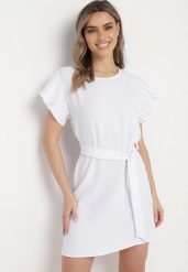 Biała Mini Sukienka Rozkloszowana z Paskiem w Talii i Ozdobnym Rękawem Allairi. Białe sukienki Born2be, na imprezę, na lato, l, bez wzorów, bez kołnierzyka, bez ramiączek, mini, rozkloszowane. Za 54.99 zł.