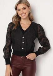 Czarna Bluzka z Przeźroczystego Materiału Zapinana na Ozdobne Guziki Aviorena. Czarne bluzki Born2be, bez wzorów, eleganckie, bez kołnierzyka, bez ramiączek. W wyprzedaży za 76.49 zł.